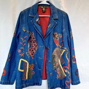 Mirasol Embroidered Jean Jacket • Size L • Denim • Blue, Orange, Yellow, Red